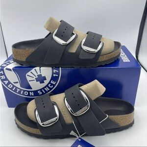 BIRKENSTOCK ARIZONA Big Buckle Sandals Black Oiled Leather EU38/W7/M5 ;B71